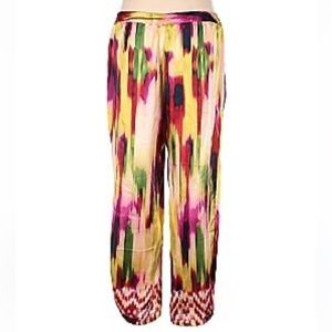 Cabi Harem Pants SILK , in Ikat Colorful Print, Adjustable Snap Cuffs, Size M